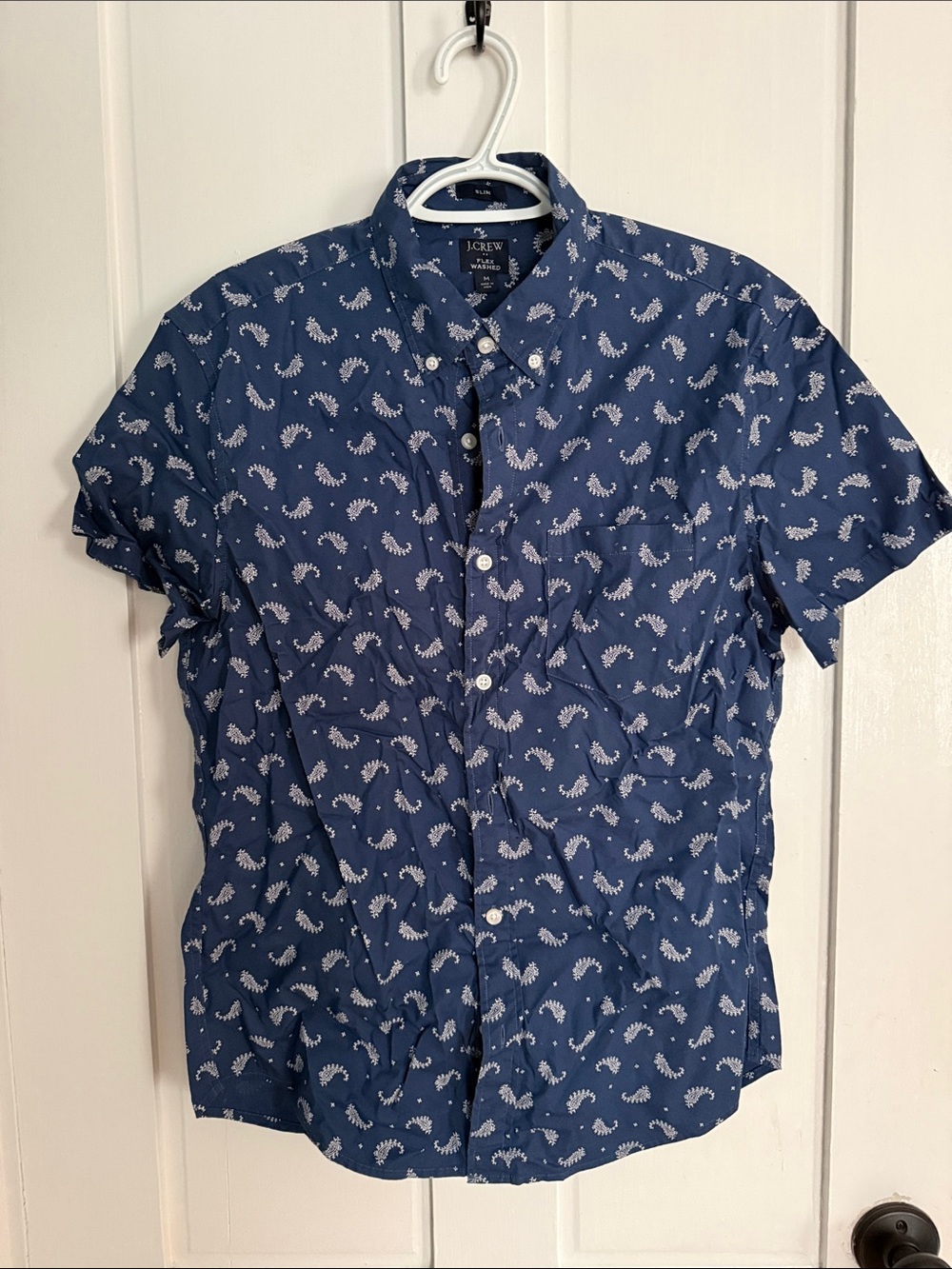 J. Crew Navy Short-Sleeve Button-Down with White Paisley Print